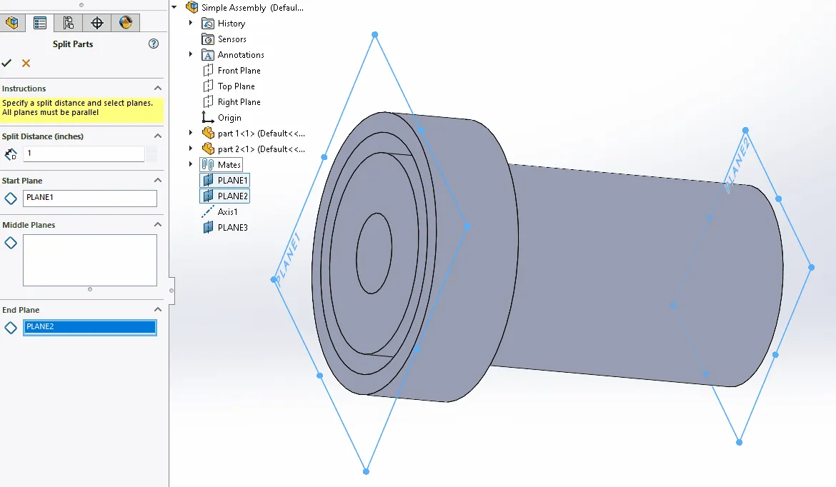 Animated SOLIDWORKS assembly split feature example